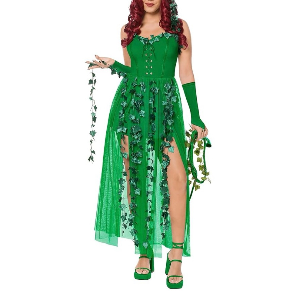 Batman Poison Ivy Green Leaves Lace Up Costume Dress